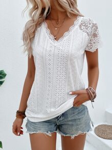 SHEIN LUNE 蕾絲拼接插肩袖網眼刺繡T恤 - 白色 - 查看 3