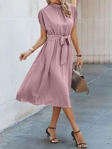 SHEIN Clasi Solid Belted A-line Dress - Dusty Pink - View 1