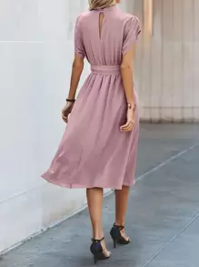 SHEIN Clasi Solid Belted A-line Dress - Dusty Pink - View 2