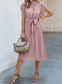 SHEIN Clasi Solid Belted A-line Dress - Dusty Pink - View 3