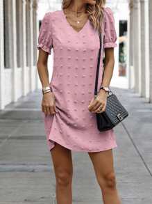 SHEIN LUNE Swiss Dot Puff Sleeve Tunic Dress - Pink - View 3