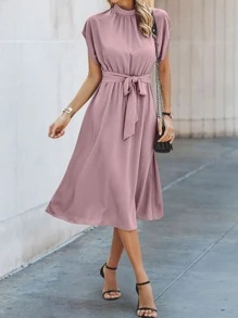SHEIN Clasi Solid Belted A-line Dress - Dusty Pink - View 4