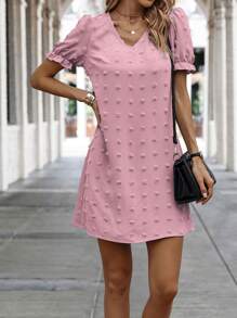 SHEIN LUNE Swiss Dot Puff Sleeve Tunic Dress - Pink - View 4