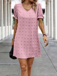 SHEIN LUNE Swiss Dot Puff Sleeve Tunic Dress - Pink - View 5