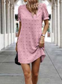 SHEIN LUNE Swiss Dot Puff Sleeve Tunic Dress - Pink - View 6