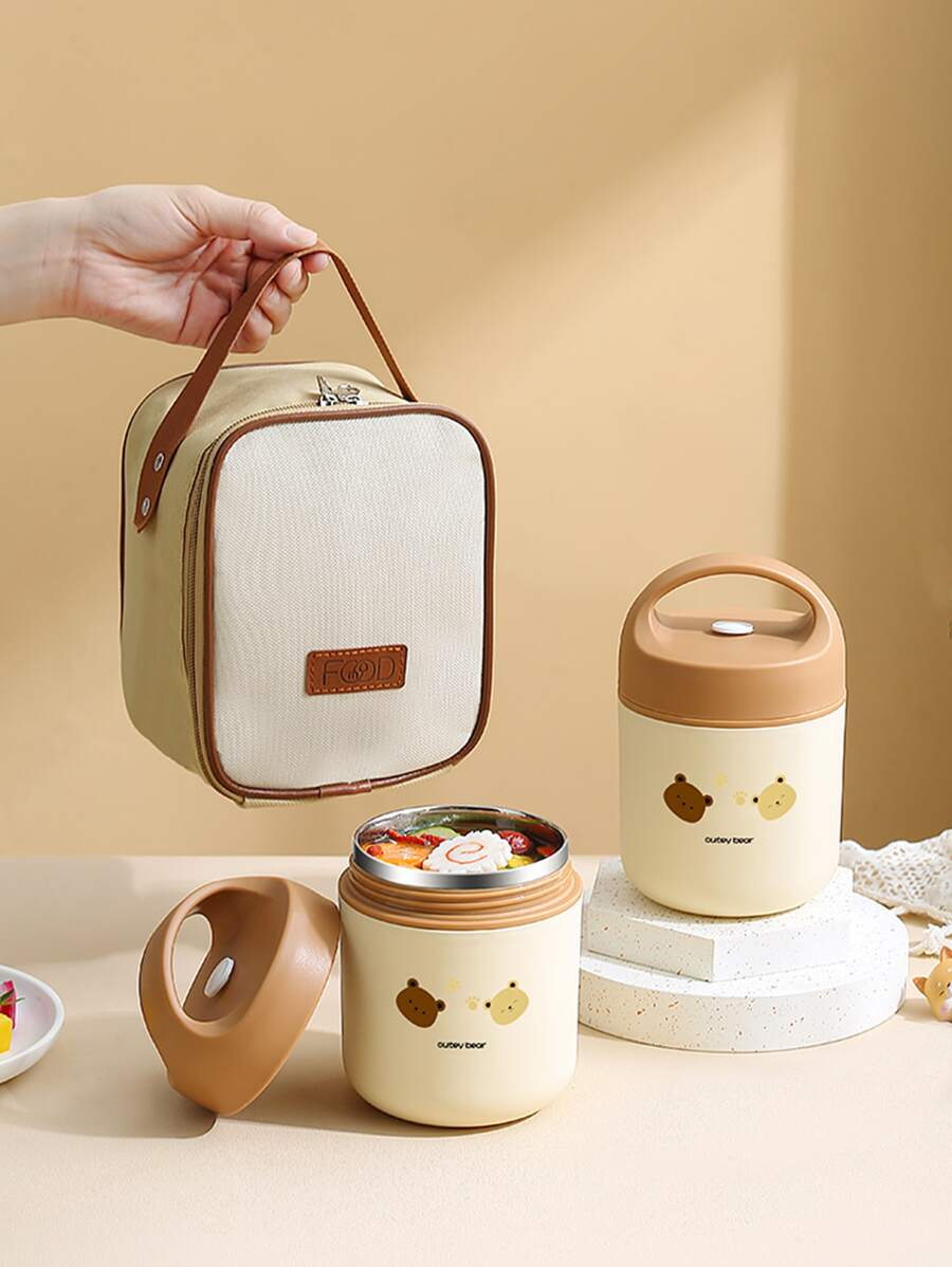 1pc Stainless Steel Lunch Box, Bear & Letter Graphic Lunch Box For Office Work School - Multicolor - View 1