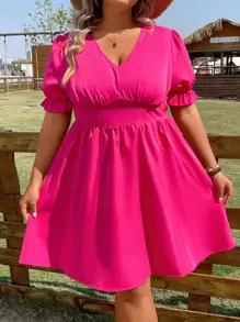 SHEIN Holidaya Vestido de manga farol pecho con fruncido - Rosa Fucsia - Ver 1