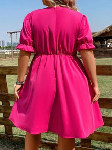SHEIN Holidaya Vestido de manga farol pecho con fruncido - Rosa Fucsia - Ver 2