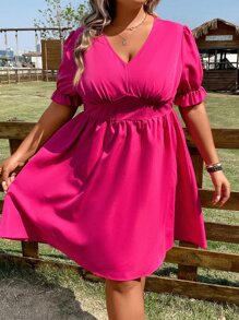 SHEIN Holidaya Vestido de manga farol pecho con fruncido - Rosa Fucsia - Ver 4