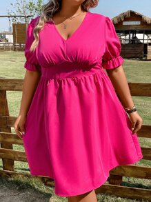 SHEIN Holidaya Vestido de manga farol pecho con fruncido - Rosa Fucsia - Ver 5