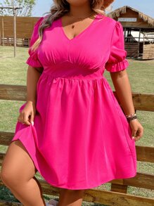 SHEIN Holidaya Vestido de manga farol pecho con fruncido - Rosa Fucsia - Ver 6