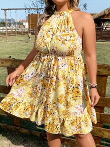 SHEIN Holidaya Plus Floral Print Ruffle Hem Halter Dress - Yellow - View 1