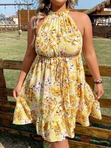 SHEIN Holidaya Plus Floral Print Ruffle Hem Halter Dress - Yellow - View 5