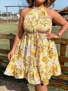 SHEIN Holidaya Plus Floral Print Ruffle Hem Halter Dress - Yellow - View 6