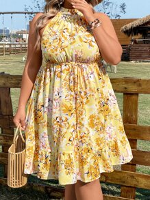 SHEIN Holidaya Plus Floral Print Ruffle Hem Halter Dress - Yellow - View 7