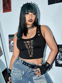 ROMWE PUNK 大碼前鏤空短款背心 - 黑色 - 查看 5