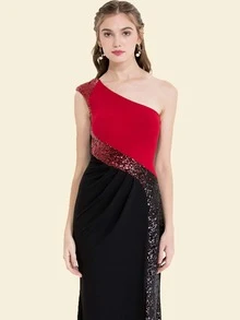 ANGEL FASHIONS 單肩亮片拼接撞色洋裝 - 黑色 - 查看 5