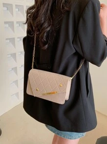 Stitch Detail Metal Decor Flap Chain Square Bag - Khaki - View 7