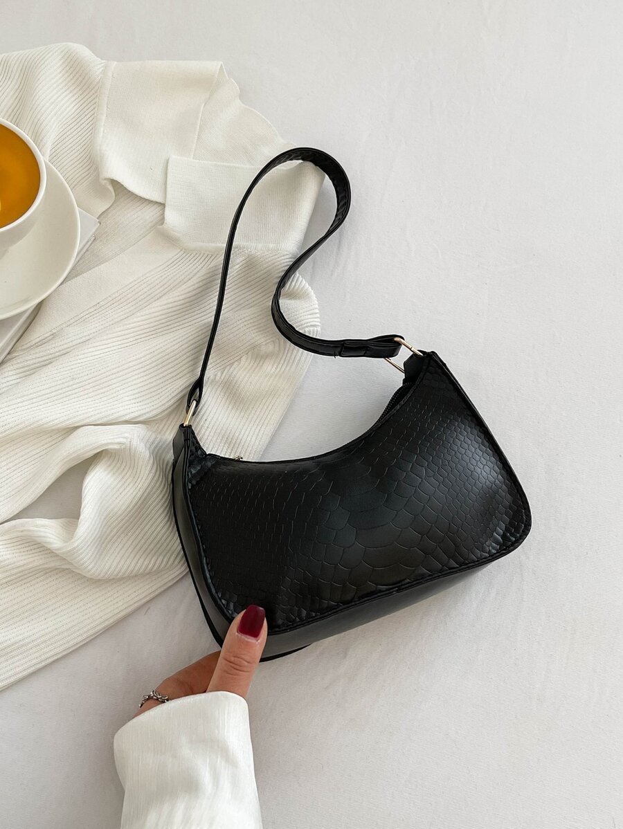 Bolso baguette mini con piel de serpiente en relieve - Negro - Ver 1