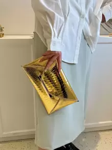 Crocodile Print, Snake Print, Solid Color, Minimalist, Fashionable, Casual PU Clutch, Envelope Bag, Fashionable Clutch Bags For Woman , New Year ,Wedding , Wedding - Gold - View 9