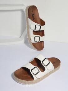 Double Buckle Espadrille Sole Slip On Slides - White - View 4