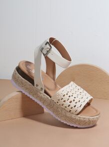 Crochet Strap Espadrille Flatform Sandals - White - View 4