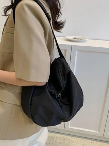 Minimalist Hobo Bag Zipper Medium For School - Black - View 2