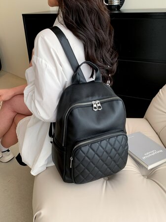 Korean-Style Fashionable Quilted Diamond-Shaped Versatile Backpack, Large Capacity, Simple And Casual Soft PU School Bag, Travel Bag
