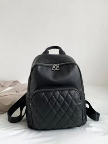 Korean-Style Fashionable Quilted Diamond-Shaped Versatile Backpack, Large Capacity, Simple And Casual Soft PU School Bag, Travel Bag - Black - View 2