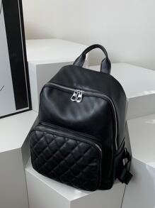 Korean-Style Fashionable Quilted Diamond-Shaped Versatile Backpack, Large Capacity, Simple And Casual Soft PU School Bag, Travel Bag - Black - View 3