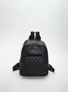 Korean-Style Fashionable Quilted Diamond-Shaped Versatile Backpack, Large Capacity, Simple And Casual Soft PU School Bag, Travel Bag - Black - View 4