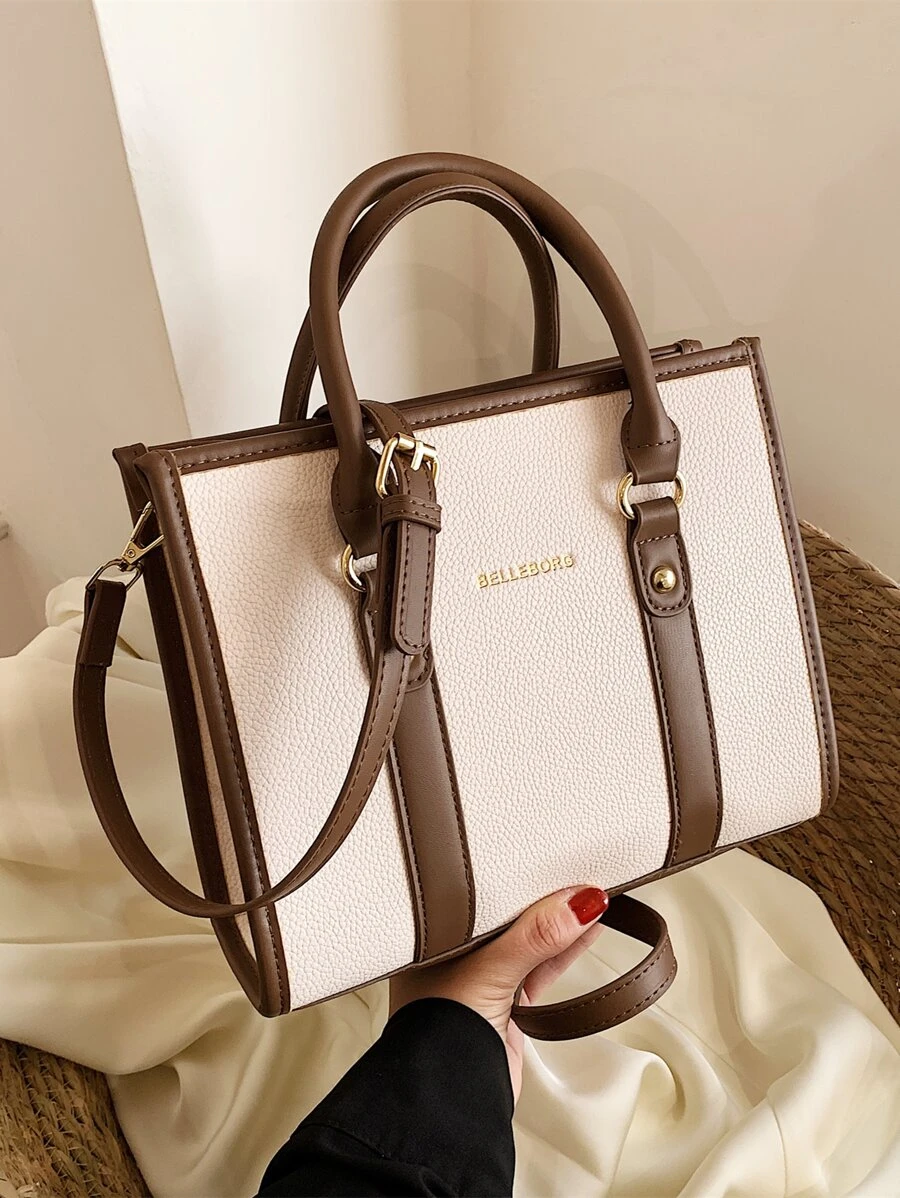 BELLEBORG Letter Graphic Litchi Embossed Square Bag - Beige - View 1