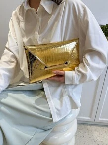Crocodile Print, Snake Print, Solid Color, Minimalist, Fashionable, Casual PU Clutch, Envelope Bag, Fashionable Clutch Bags For Woman , New Year ,Wedding , Wedding - Gold - View 6