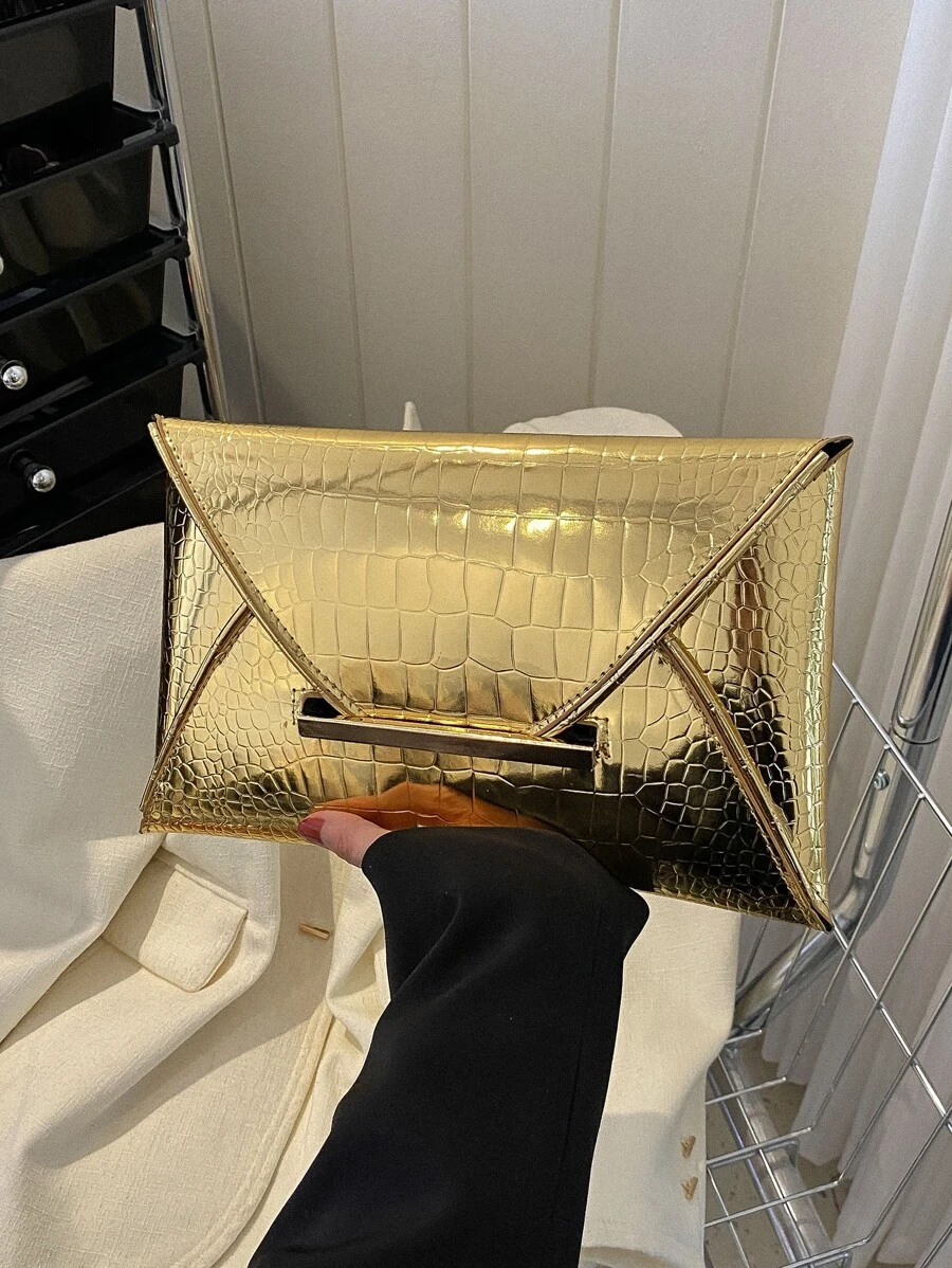 Crocodile Print, Snake Print, Solid Color, Minimalist, Fashionable, Casual PU Clutch, Envelope Bag, Fashionable Clutch Bags For Woman , New Year ,Wedding , Wedding - Gold - View 1