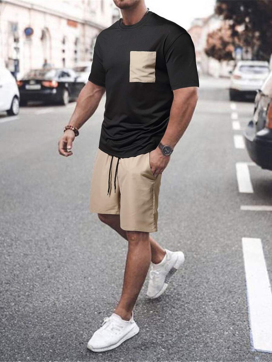 Manfinity Homme Hombres con parche de bolsillo Camiseta & de cintura con cordón Shorts - Multicolor - Ver 1