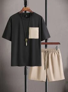 Manfinity Homme Hombres con parche de bolsillo Camiseta & de cintura con cordón Shorts - Multicolor - Ver 6