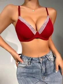 Contrast Lace Underwire Bra - Burgundy - View 4