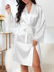 素色腰帶緞面睡袍 - 米色 - 查看 1