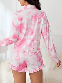 Tie Dye Drop Shoulder Ruffle Hem PJ Set - Multicolor - View 3