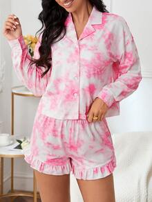Tie Dye Drop Shoulder Ruffle Hem PJ Set - Multicolor - View 4