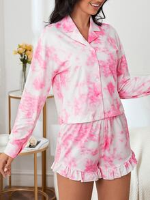 Tie Dye Drop Shoulder Ruffle Hem PJ Set - Multicolor - View 6