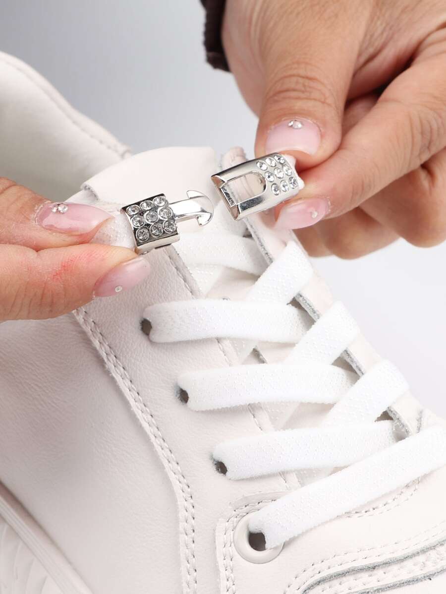 1pair Rhinestone Decor No-Tie Shoelaces With Buckle, Polyester Fashionable Accessories For Sneakers,White Shoes,Basketball Shoes,Trainers Running Shoes