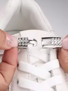 1pair Rhinestone Decor No-Tie Shoelaces With Buckle, Polyester Fashionable Accessories For Sneakers,White Shoes,Basketball Shoes,Trainers Running Shoes - White - View 6