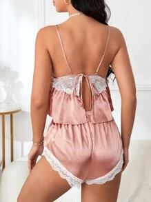 Contrast Lace Satin Cami Top & Shorts - Pink - View 2