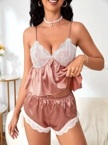 Contrast Lace Satin Cami Top & Shorts - Pink - View 5