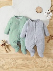 SHEIN 新生嬰兒男寶寶 2入組 考拉印花帶腳睡衣 - 彩色 - 查看 1