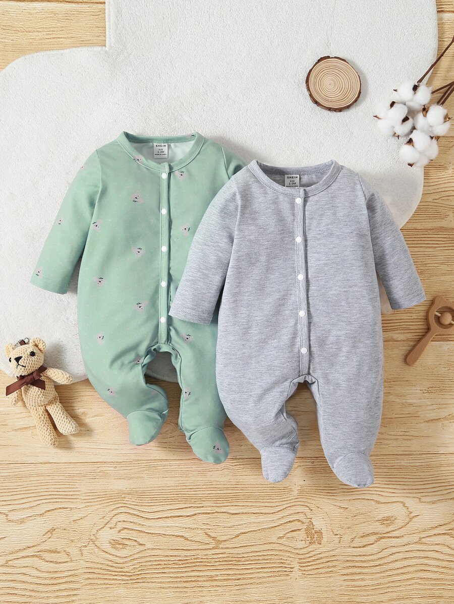 SHEIN 新生嬰兒男寶寶 2入組 考拉印花帶腳睡衣 - 彩色 - 查看 1