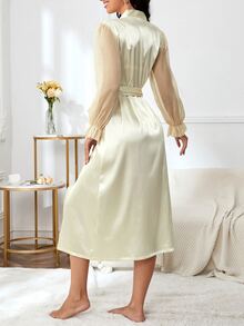 SHEIN Bata de malla en contraste de manga con volante con cinturón de satén - Beis - Ver 2