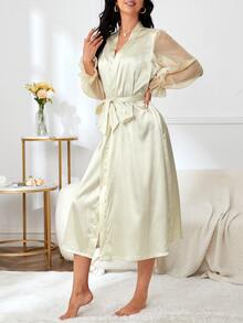 SHEIN Bata de malla en contraste de manga con volante con cinturón de satén - Beis - Ver 3