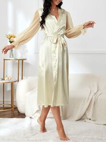 SHEIN Bata de malla en contraste de manga con volante con cinturón de satén - Beis - Ver 4